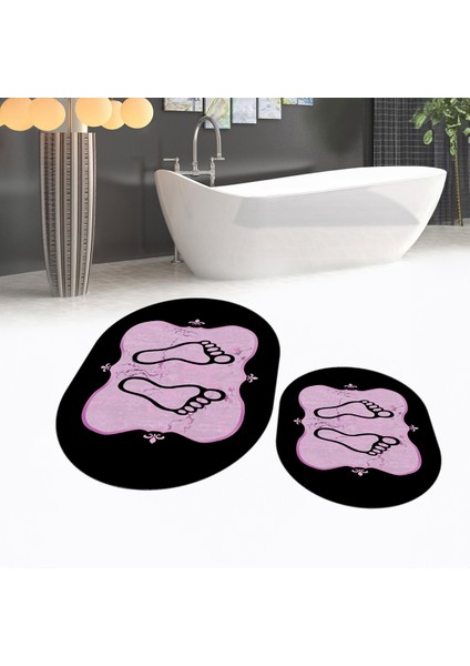 Dijital Baskılı Kaymaz Taban Yıkanabilir Oval Ikili Banyo Paspas Klozet Takımı, V-O-Klozet-20-Siyah,