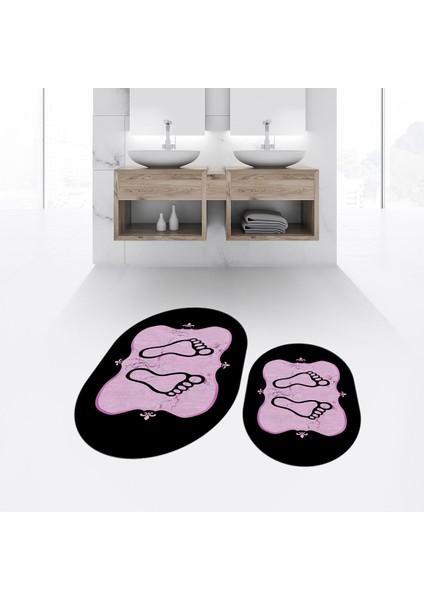 Dijital Baskılı Kaymaz Taban Yıkanabilir Oval Ikili Banyo Paspas Klozet Takımı, V-O-Klozet-20-Siyah, fiyatları
