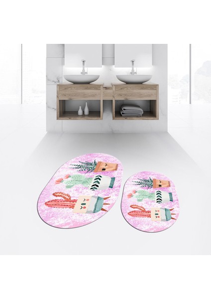 Dijital Baskılı Kaymaz Taban Yıkanabilir Oval Ikili Banyo Paspas Klozet Takımı, V-O-Klozet-24-Pembe,