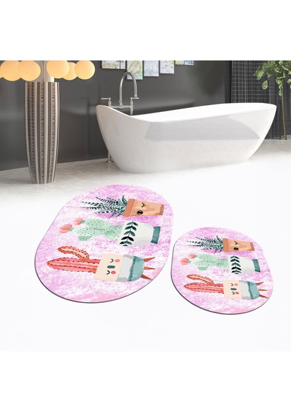 Dijital Baskılı Kaymaz Taban Yıkanabilir Oval Ikili Banyo Paspas Klozet Takımı, V-O-Klozet-24-Pembe, fiyatları