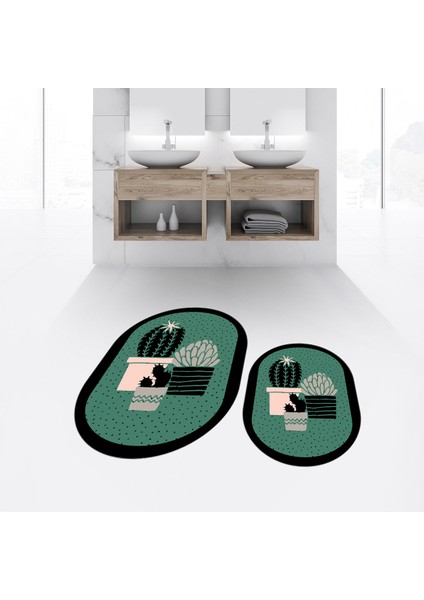 Dijital Baskılı Kaymaz Taban Yıkanabilir Oval Ikili Banyo Paspas Klozet Takımı, V-O-Klozet-22-Yeşil,