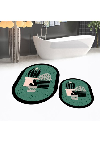 Dijital Baskılı Kaymaz Taban Yıkanabilir Oval Ikili Banyo Paspas Klozet Takımı, V-O-Klozet-22-Yeşil, fiyatları