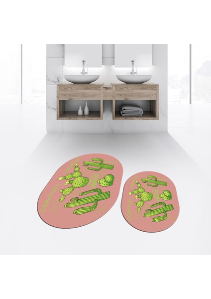 Dijital Baskılı Kaymaz Taban Yıkanabilir Oval Ikili Banyo Paspas Klozet Takımı, V-O-Klozet-23-Pembe,