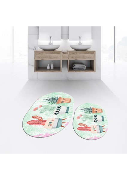 Dijital Baskılı Kaymaz Taban Yıkanabilir Oval Ikili Banyo Paspas Klozet Takımı, V-O-Klozet-24-Yeşil,