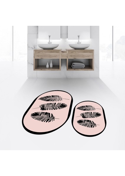 Dijital Baskılı Kaymaz Taban Yıkanabilir Oval Ikili Banyo Paspas Klozet Takımı, V-O-Klozet-26-Pembe,