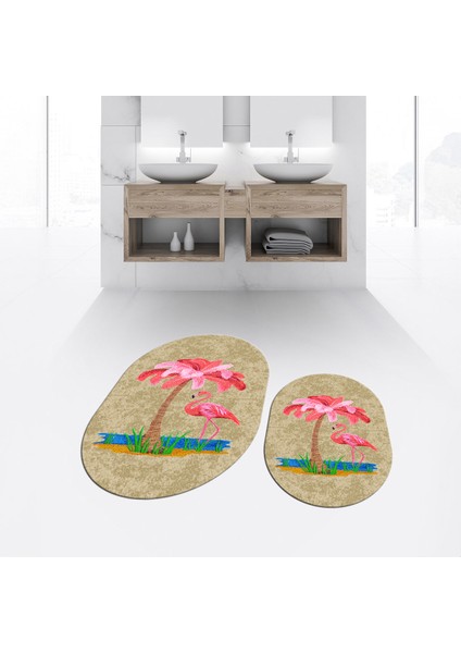 Dijital Baskılı Kaymaz Taban Yıkanabilir Oval Ikili Banyo Paspas Klozet Takımı, V-O-Klozet-30-Kahve,