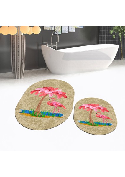 Dijital Baskılı Kaymaz Taban Yıkanabilir Oval Ikili Banyo Paspas Klozet Takımı, V-O-Klozet-30-Kahve, fiyatları