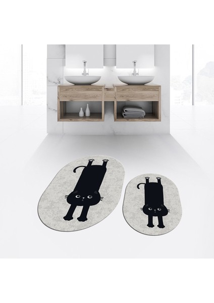 Dijital Baskılı Kaymaz Taban Yıkanabilir Oval Ikili Banyo Paspas Klozet Takımı, V-O-Klozet-39-Gri,