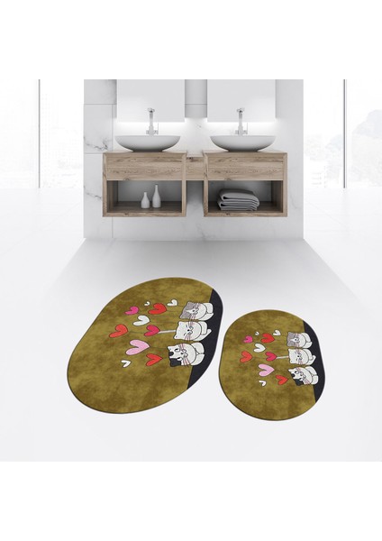 Dijital Baskılı Kaymaz Taban Yıkanabilir Oval Ikili Banyo Paspas Klozet Takımı, V-O-Klozet-42-Kahve,