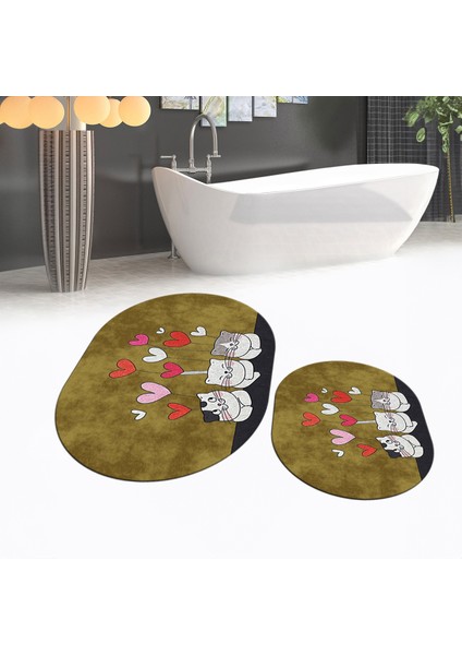 Dijital Baskılı Kaymaz Taban Yıkanabilir Oval Ikili Banyo Paspas Klozet Takımı, V-O-Klozet-42-Kahve, fiyatları