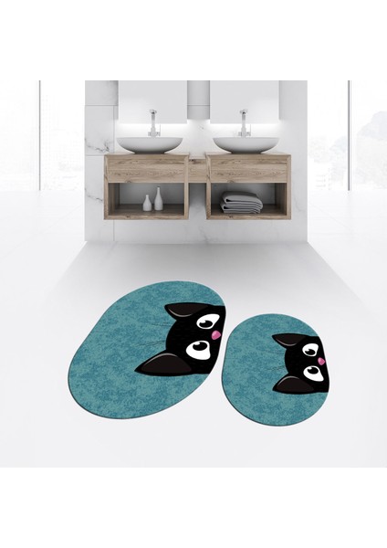 Dijital Baskılı Kaymaz Taban Yıkanabilir Oval Ikili Banyo Paspas Klozet Takımı, V-O-Klozet-40-Mavi,