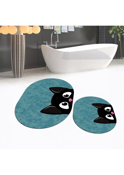 Dijital Baskılı Kaymaz Taban Yıkanabilir Oval Ikili Banyo Paspas Klozet Takımı, V-O-Klozet-40-Mavi, fiyatları