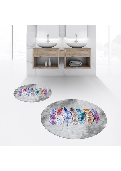 Dijital Baskılı Kaymaz Yıkanabilir Yuvarlak Ikili Banyo Paspas Klozet Takımı, V-Y-Klozet-25-Gri,