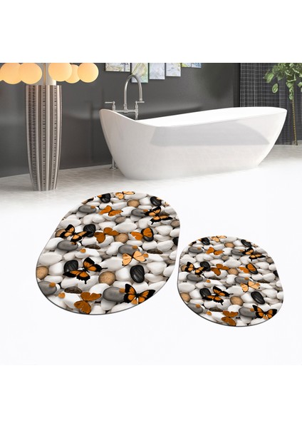 Dijital Baskılı Kaymaz Taban Yıkanabilir Oval Ikili Banyo Paspas Klozet Takımı, V-O-Klozet-44-Kahve,