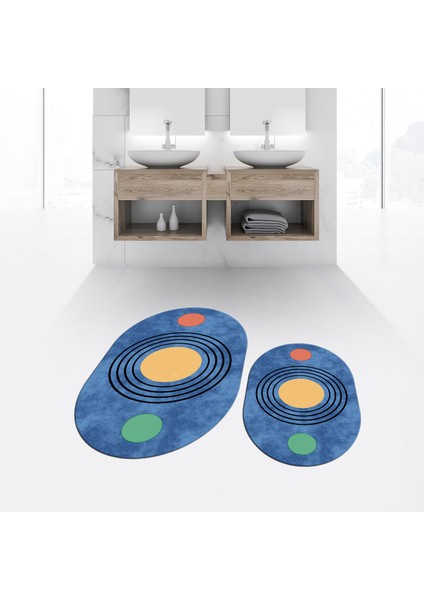 Dijital Baskılı Kaymaz Taban Yıkanabilir Oval Ikili Banyo Paspas Klozet Takımı, V-O-Klozet-49-Mavi,