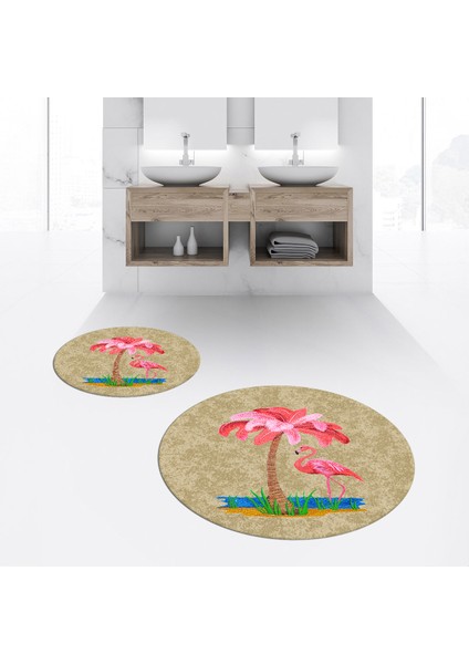 Dijital Baskılı Kaymaz Yıkanabilir Yuvarlak Ikili Banyo Paspas Klozet Takımı, V-Y-Klozet-30-Kahve,