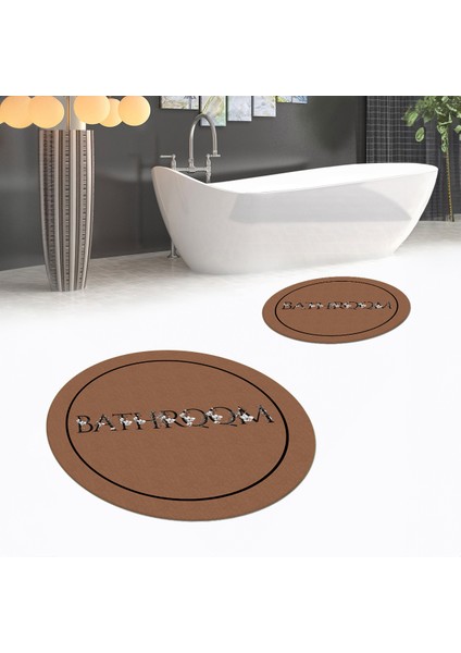 Dijital Baskılı Kaymaz Yıkanabilir Yuvarlak Ikili Banyo Paspas Klozet Takımı, V-Y-Klozet-06-Kahve,