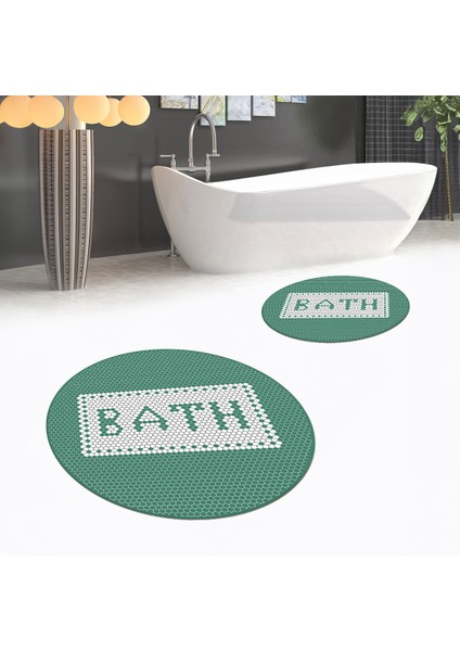 Dijital Baskılı Kaymaz Yıkanabilir Yuvarlak Ikili Banyo Paspas Klozet Takımı, V-Y-Klozet-07-Yeşil,