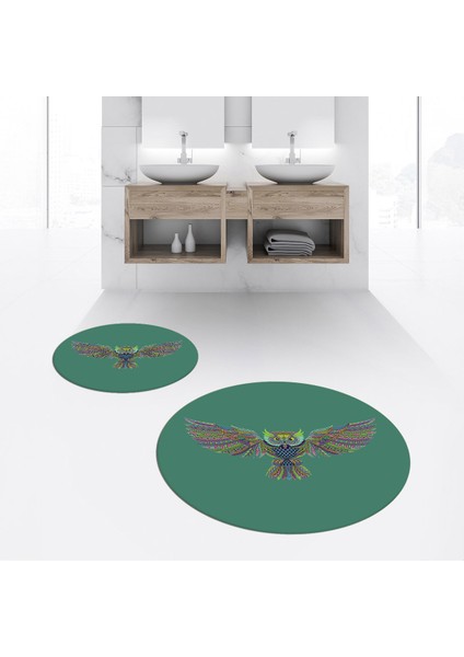 Dijital Baskılı Kaymaz Yıkanabilir Yuvarlak Ikili Banyo Paspas Klozet Takımı, V-Y-Klozet-37-Yeşil,