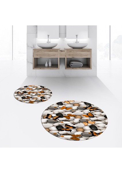 Dijital Baskılı Kaymaz Yıkanabilir Yuvarlak Ikili Banyo Paspas Klozet Takımı, V-Y-Klozet-44-Kahve,