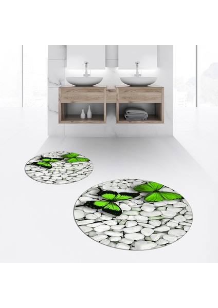 Dijital Baskılı Kaymaz Yıkanabilir Yuvarlak Ikili Banyo Paspas Klozet Takımı, V-Y-Klozet-45-Yeşil,