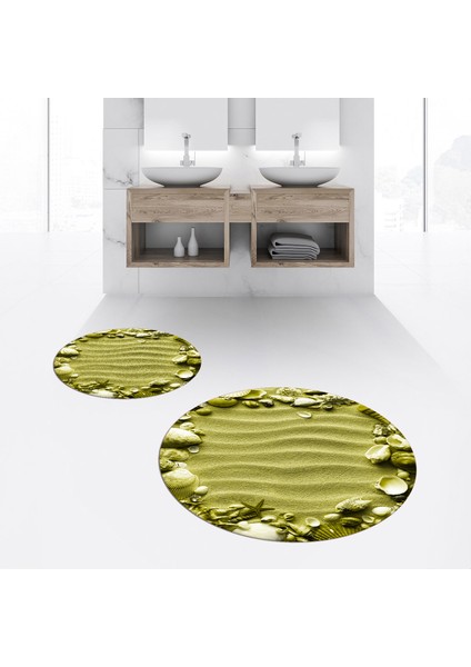 Dijital Baskılı Kaymaz Yıkanabilir Yuvarlak Ikili Banyo Paspas Klozet Takımı, V-Y-Klozet-47-Yeşil,