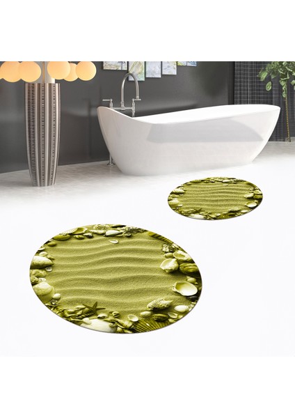 Dijital Baskılı Kaymaz Yıkanabilir Yuvarlak Ikili Banyo Paspas Klozet Takımı, V-Y-Klozet-47-Yeşil,