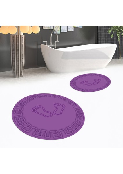 Dijital Baskılı Kaymaz Yıkanabilir Yuvarlak Ikili Banyo Paspas Klozet Takımı, V-Y-Klozet-18-Mor,