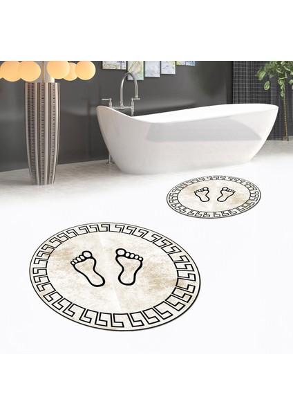 Dijital Baskılı Kaymaz Yıkanabilir Yuvarlak Ikili Banyo Paspas Klozet Takımı, V-Y-Klozet-19-Kahve,