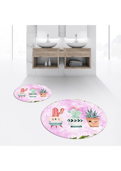 Dijital Baskılı Kaymaz Yıkanabilir Yuvarlak Ikili Banyo Paspas Klozet Takımı, V-Y-Klozet-24-Pembe,