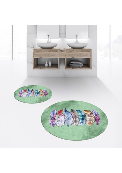 Dijital Baskılı Kaymaz Yıkanabilir Yuvarlak Ikili Banyo Paspas Klozet Takımı, V-Y-Klozet-25-Yeşil,