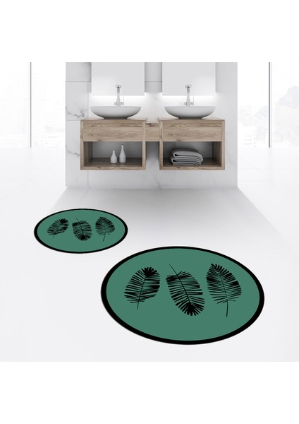 Dijital Baskılı Kaymaz Yıkanabilir Yuvarlak Ikili Banyo Paspas Klozet Takımı, V-Y-Klozet-26-Yeşil,