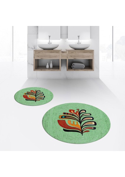 Dijital Baskılı Kaymaz Yıkanabilir Yuvarlak Ikili Banyo Paspas Klozet Takımı, V-Y-Klozet-27-Yeşil,