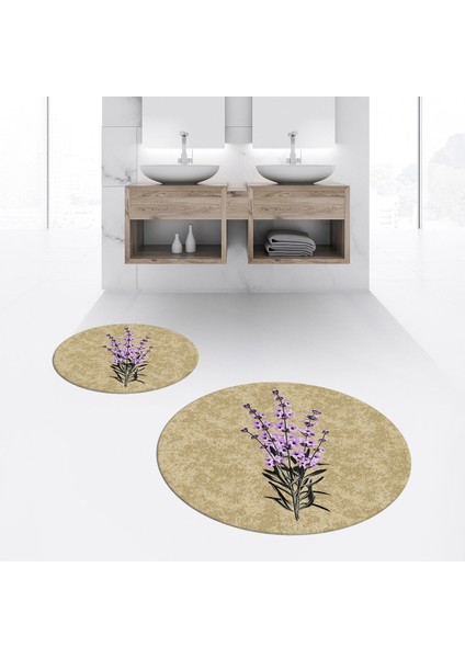 Dijital Baskılı Kaymaz Yıkanabilir Yuvarlak Ikili Banyo Paspas Klozet Takımı, V-Y-Klozet-29-Kahve,