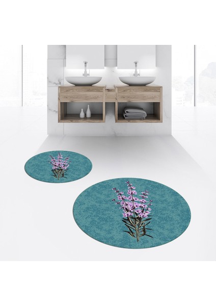 Dijital Baskılı Kaymaz Yıkanabilir Yuvarlak Ikili Banyo Paspas Klozet Takımı, V-Y-Klozet-29-Mavi,