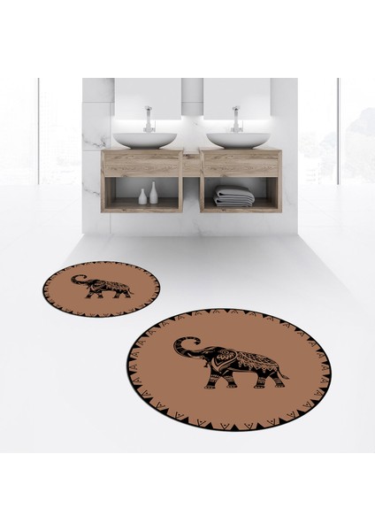 Dijital Baskılı Kaymaz Yıkanabilir Yuvarlak Ikili Banyo Paspas Klozet Takımı, V-Y-Klozet-32-Kahve,