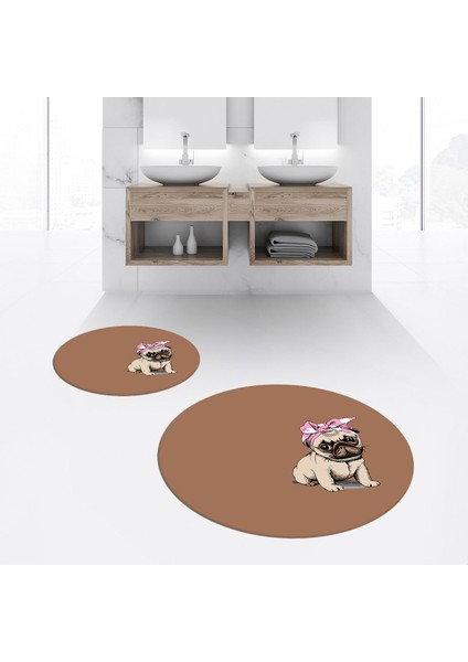 Dijital Baskılı Kaymaz Yıkanabilir Yuvarlak Ikili Banyo Paspas Klozet Takımı, V-Y-Klozet-38-Kahve,