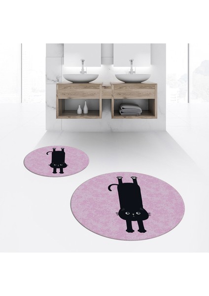 Dijital Baskılı Kaymaz Yıkanabilir Yuvarlak Ikili Banyo Paspas Klozet Takımı, V-Y-Klozet-39-Pembe,