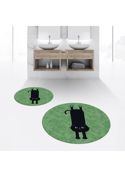 Dijital Baskılı Kaymaz Yıkanabilir Yuvarlak Ikili Banyo Paspas Klozet Takımı, V-Y-Klozet-39-Yeşil,