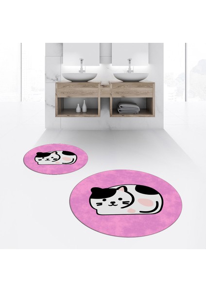 Dijital Baskılı Kaymaz Yıkanabilir Yuvarlak Ikili Banyo Paspas Klozet Takımı, V-Y-Klozet-43-Pembe,