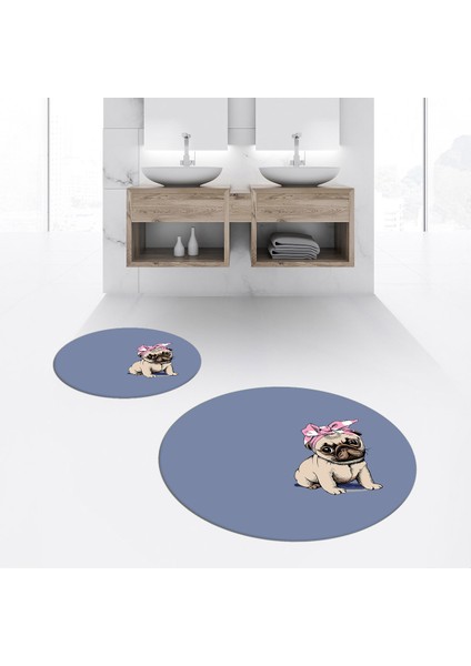 Dijital Baskılı Kaymaz Yıkanabilir Yuvarlak Ikili Banyo Paspas Klozet Takımı, V-Y-Klozet-38-Mavi,