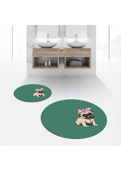 Dijital Baskılı Kaymaz Yıkanabilir Yuvarlak Ikili Banyo Paspas Klozet Takımı, V-Y-Klozet-38-Yeşil,