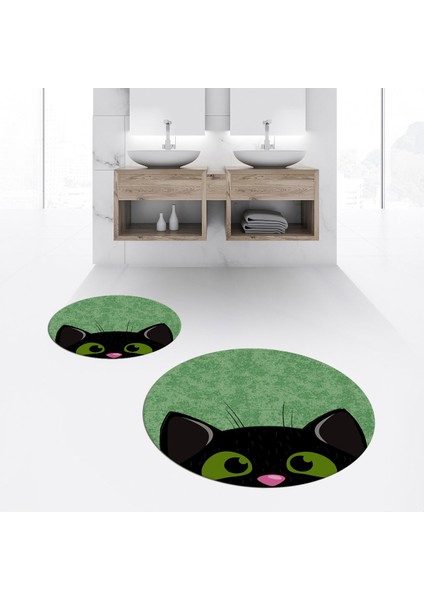 Dijital Baskılı Kaymaz Yıkanabilir Yuvarlak Ikili Banyo Paspas Klozet Takımı, V-Y-Klozet-40-Yeşil,