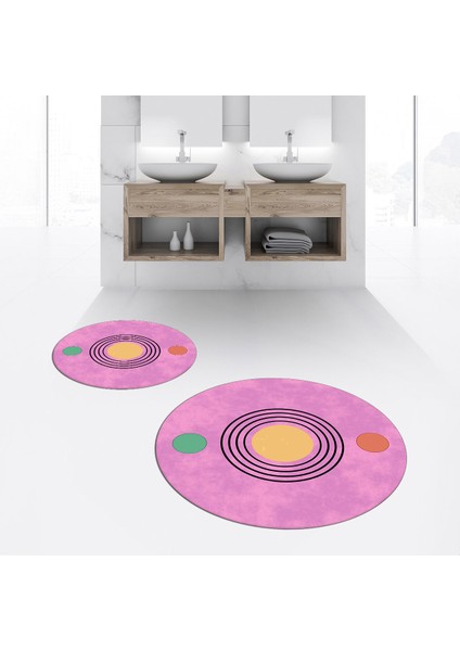 Dijital Baskılı Kaymaz Yıkanabilir Yuvarlak Ikili Banyo Paspas Klozet Takımı, V-Y-Klozet-49-Pembe,