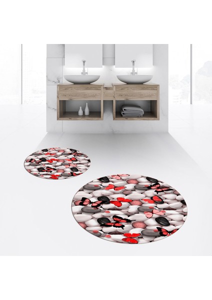 Dijital Baskılı Kaymaz Yıkanabilir Yuvarlak Ikili Banyo Paspas Klozet Takımı, V-Y-Klozet-44-Kırmızı,