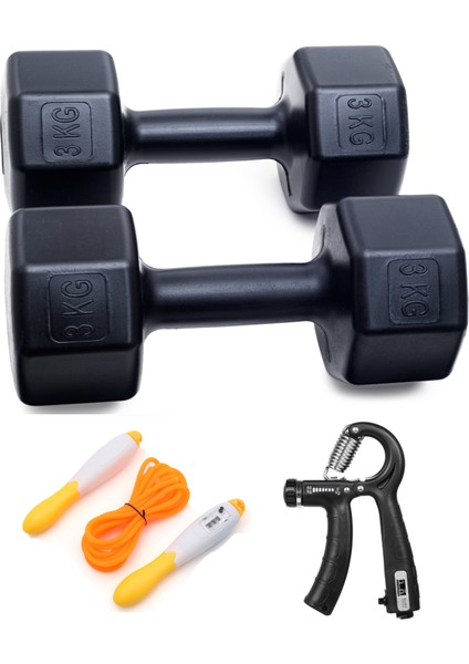 3 kg Dambıl x 2 Adet = 6 kg + Sayaçlı Ayarlanabilir El Yayı + Sayaçlı Atlama Ipi