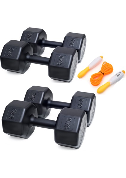 2 Li Dambıl Set = 8 kg x 2 Adet 10 kg x 2 Adet + Sayaçlı Atlama Ipi