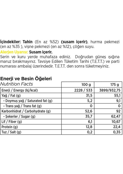 Şeker İlavesiz Vişne Pekmezli Tahin Helvası 175 g x 3 adet