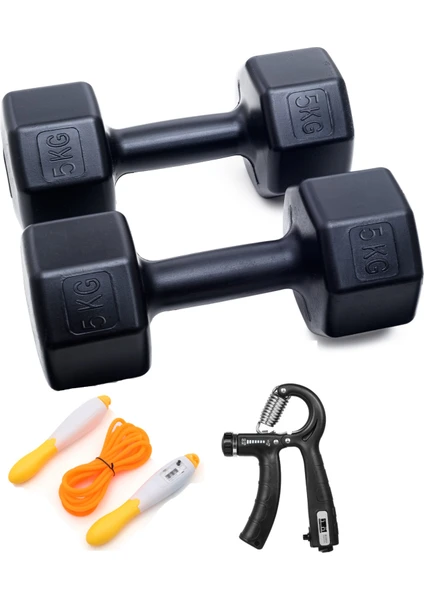 PS Spor 5 kg Dambıl x 2 Adet  = 10 kg + Sayaçlı Ayarlanabilir El Yayı + Sayaçlı Atlama Ipi