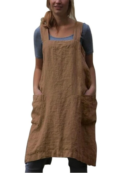 Haki Stili Xxxl Japon Pamuk Keten Önlükleri Düz Renk Çapraz Bandaj Gevşek Mutfak Pişirme Için Önlük Bahçe Koruyucu Önlük S-5xl (Yurt Dışından)